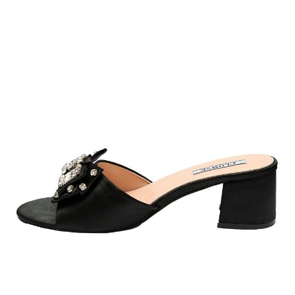 Alexa Leather Slipper With Satin Bow And Stud Design - Black