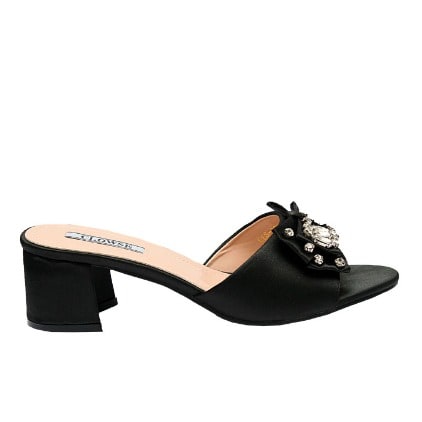 Alexa Leather Slipper With Satin Bow And Stud Design - Black