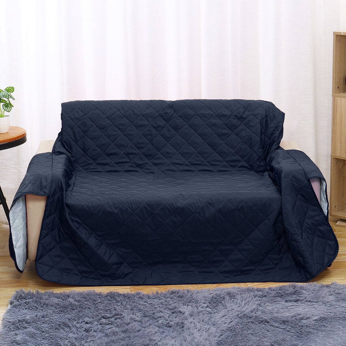 3-Seater Sofa Chair Cover Slipcover For Pet Cats Furniture Protector 6 Pockets Dark Blue