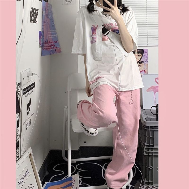 Y2k Baggy Pink Jeans Women Kawaii Korean Oversize Low Rise Wide Leg Explosive