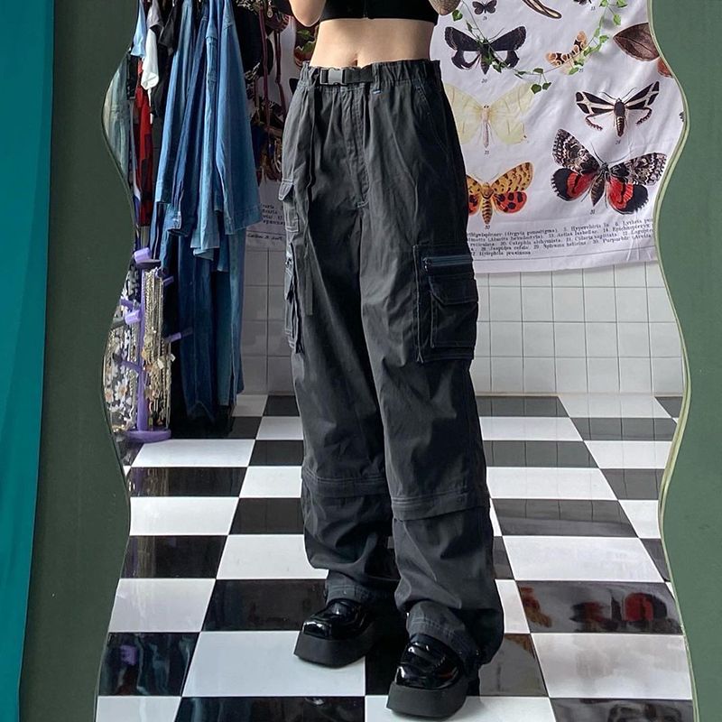 (Black)Harajuku Korean Fashion Vintage Denim Trousers Women's Baggy Jeans Y2k Fairycore Oversize Capri Cargo Pants Retro Streetwear ACU