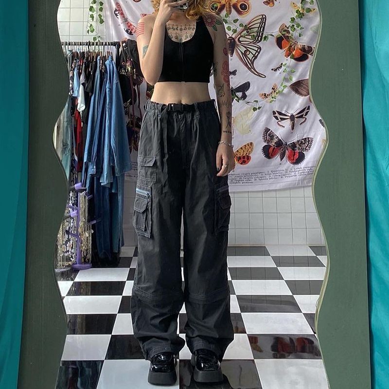 (Black)Harajuku Korean Fashion Vintage Denim Trousers Women's Baggy Jeans Y2k Fairycore Oversize Capri Cargo Pants Retro Streetwear ACU