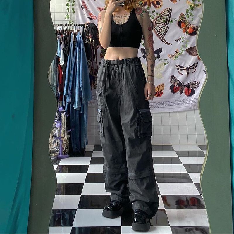 (Black)Harajuku Korean Fashion Vintage Denim Trousers Women's Baggy Jeans Y2k Fairycore Oversize Capri Cargo Pants Retro Streetwear ACU