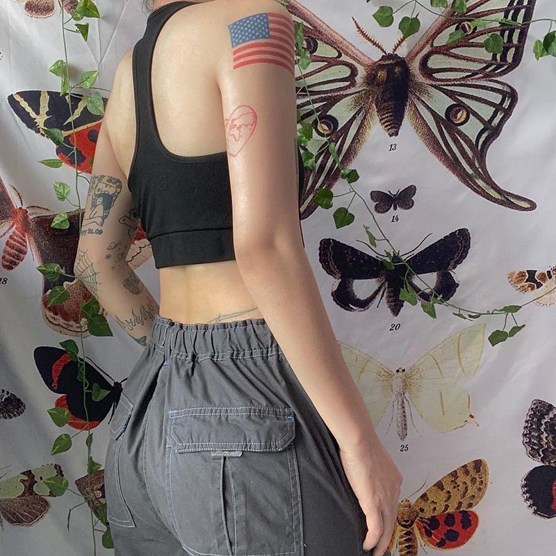 (Black)Harajuku Korean Fashion Vintage Denim Trousers Women's Baggy Jeans Y2k Fairycore Oversize Capri Cargo Pants Retro Streetwear ACU