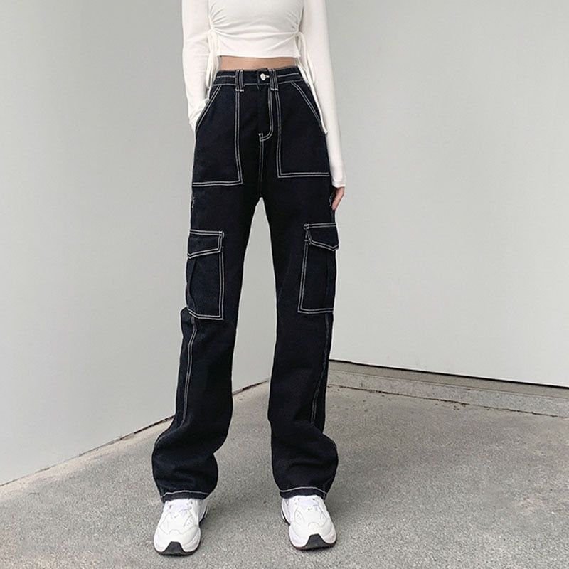 New Black High Waist Cargo Pants Women Big Pockets Patchwork Baggy Womens Jeans