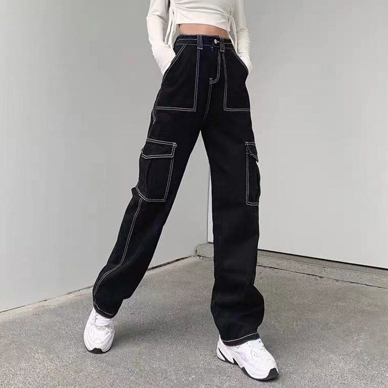 New Black High Waist Cargo Pants Women Big Pockets Patchwork Baggy Womens Jeans
