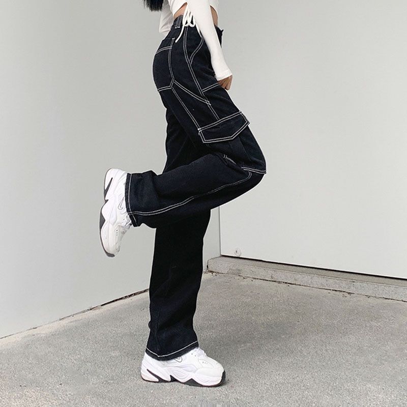 New Black High Waist Cargo Pants Women Big Pockets Patchwork Baggy Womens Jeans