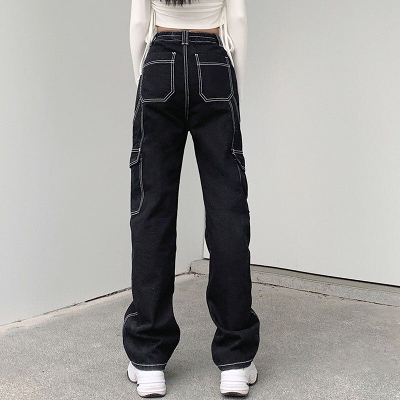 New Black High Waist Cargo Pants Women Big Pockets Patchwork Baggy Womens Jeans
