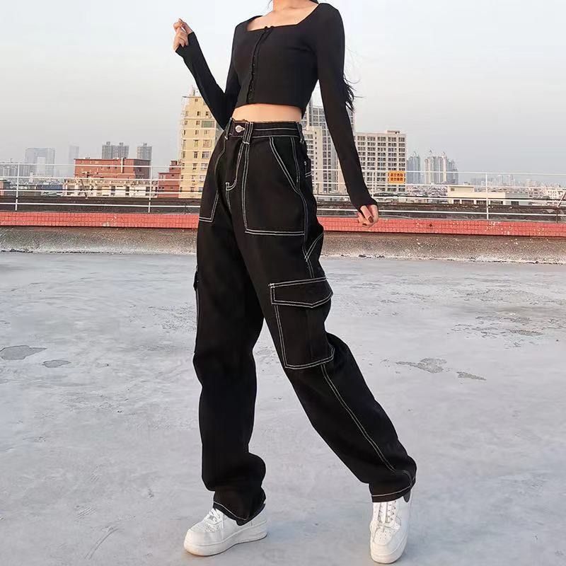 New Black High Waist Cargo Pants Women Big Pockets Patchwork Baggy Womens Jeans