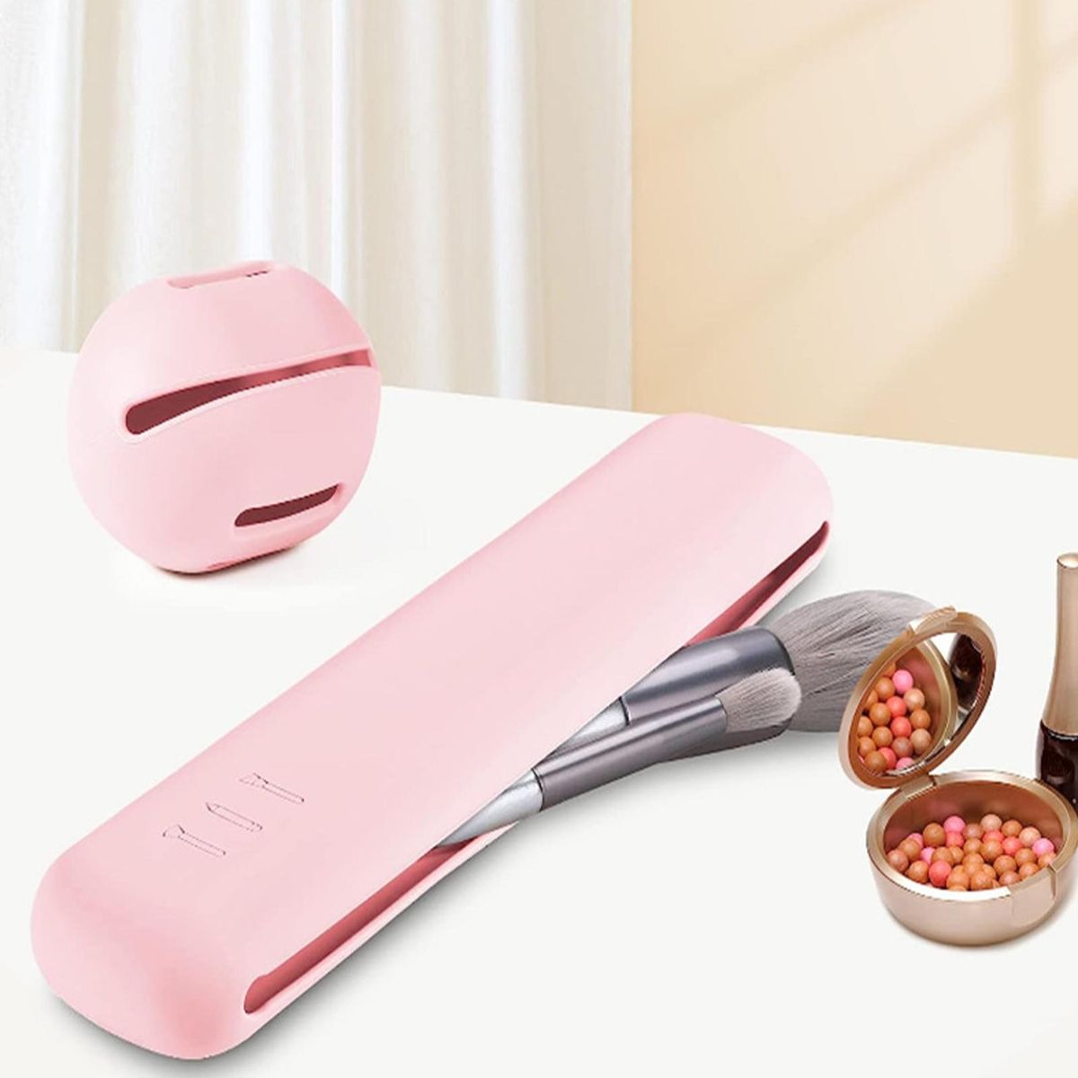 Portable Magnetic Makeup Brush Holder Organizer for Easy Pink