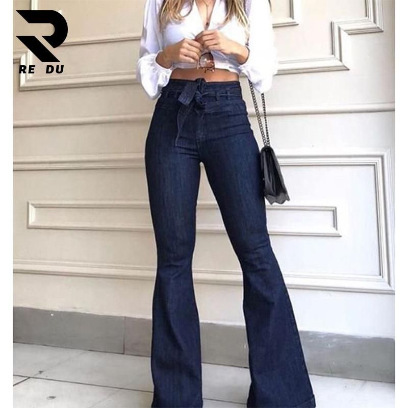 New Women Denim High waist jeans boot cut pant Wide-leg pants jeans with belt