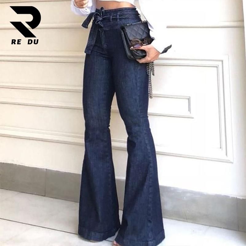 New Women Denim High waist jeans boot cut pant Wide-leg pants jeans with belt