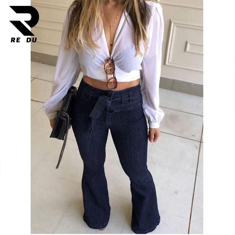 New Women Denim High waist jeans boot cut pant Wide-leg pants jeans with belt
