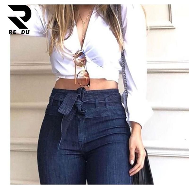 New Women Denim High waist jeans boot cut pant Wide-leg pants jeans with belt