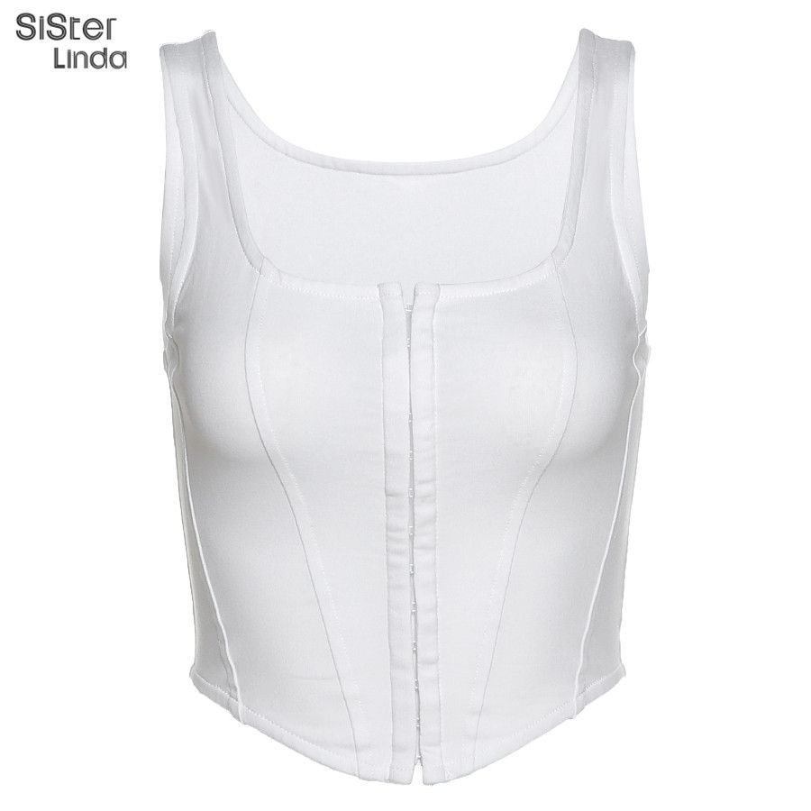 (White)Sisterlinda Vintage  Corset Tops Club Wear Black White Bustier Crop Tops Women Y2k Clothes 2020 Sleeveless Tank Tees Outfits WAR