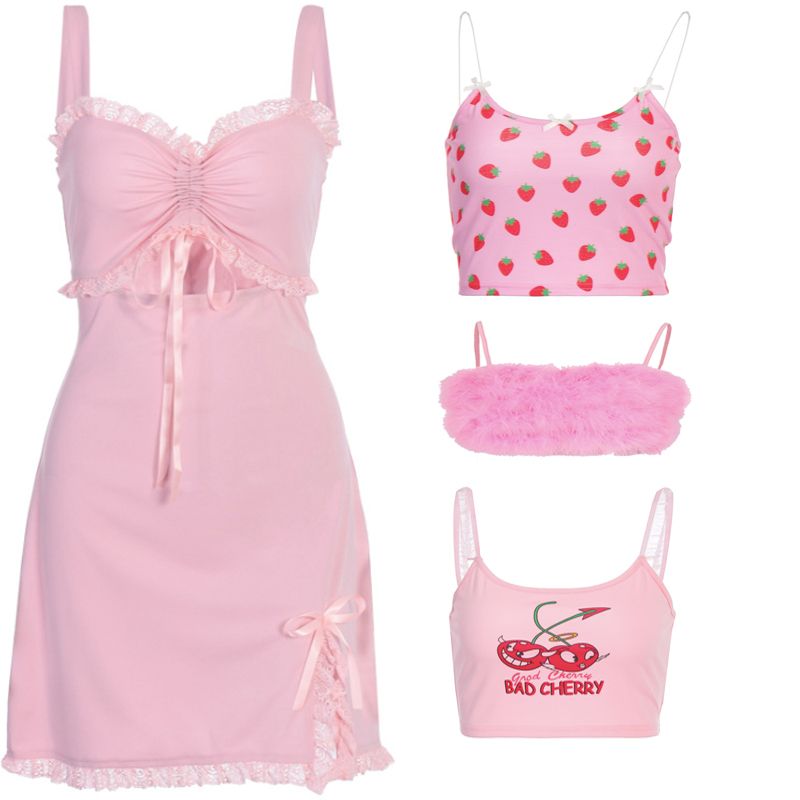(C)Y2K 2021Pink Women Summer Casual Tank Tops Young Style Halter Vest Sleeveless Sling Crop  Cute Sweet Girls Ladies Camis WAR