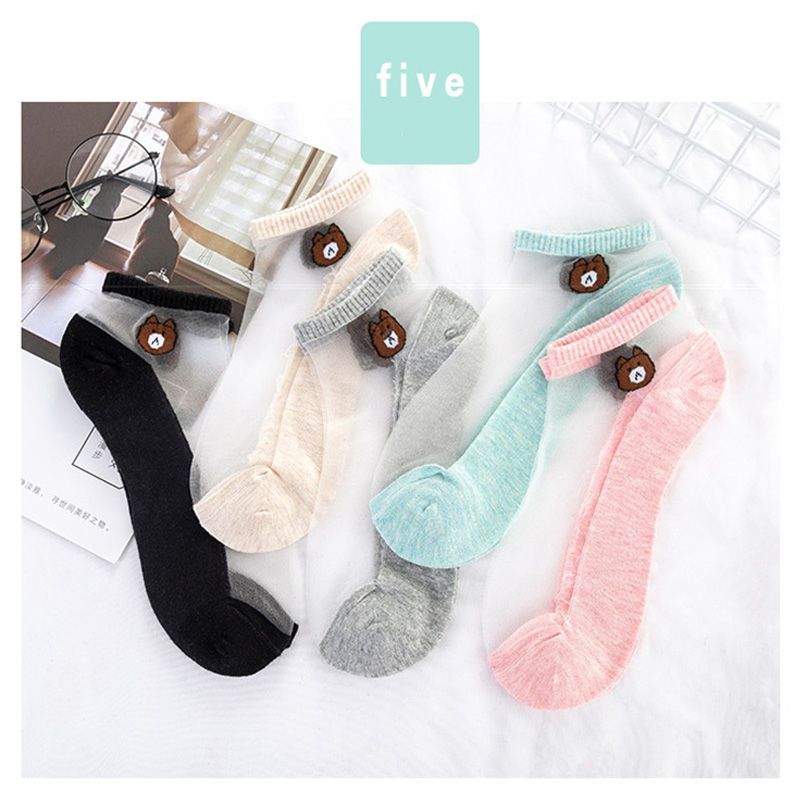 5 Pairs Summer Socks Ultrathin Transparent Cartoon Bear Female Ankle Socks