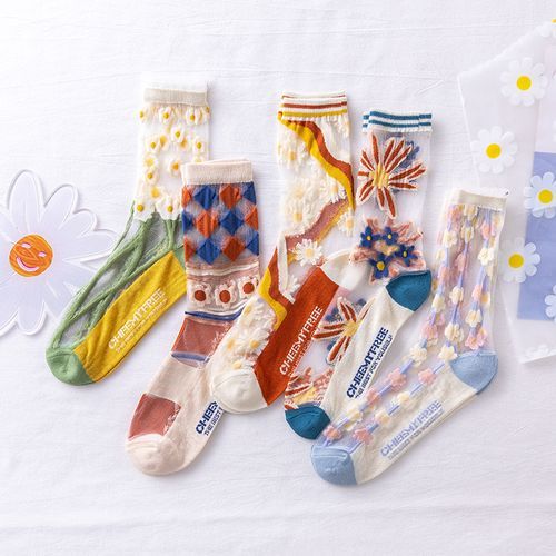 Summer Women Lace Mesh Breathable Socks Thin Crystal Socks 5Pairs