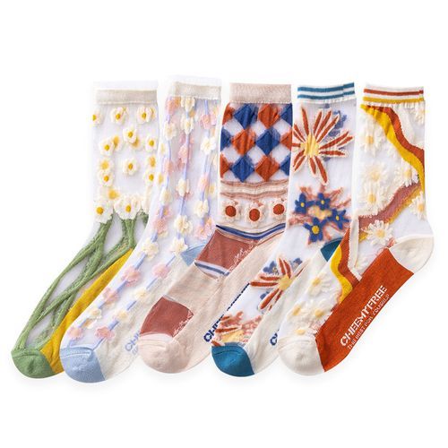 Summer Women Lace Mesh Breathable Socks Thin Crystal Socks 5Pairs