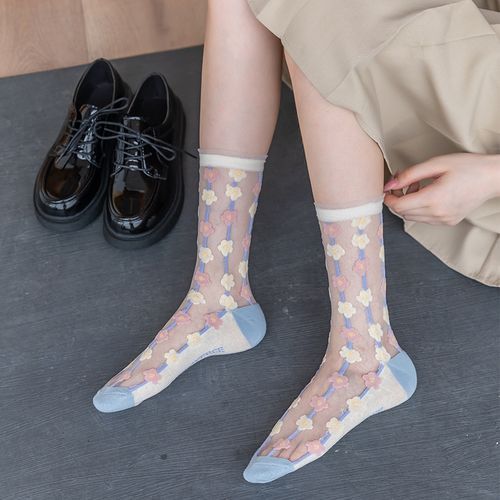 Summer Women Lace Mesh Breathable Socks Thin Crystal Socks 5Pairs