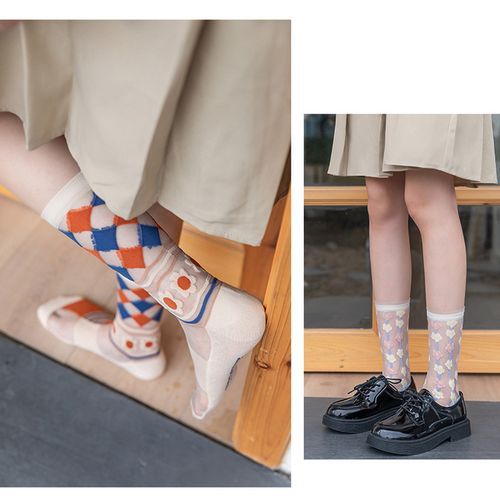 Summer Women Lace Mesh Breathable Socks Thin Crystal Socks 5Pairs