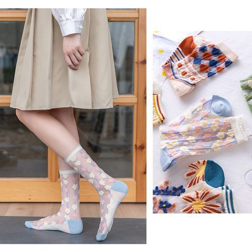 Summer Women Lace Mesh Breathable Socks Thin Crystal Socks 5Pairs