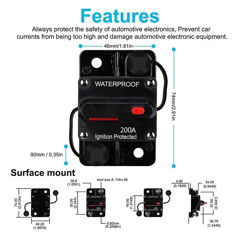 Waterproof Circuit Breaker,With Manual Reset,12V-48V DC,200A,for Car Marine Trolling Motors Boat Power Protect