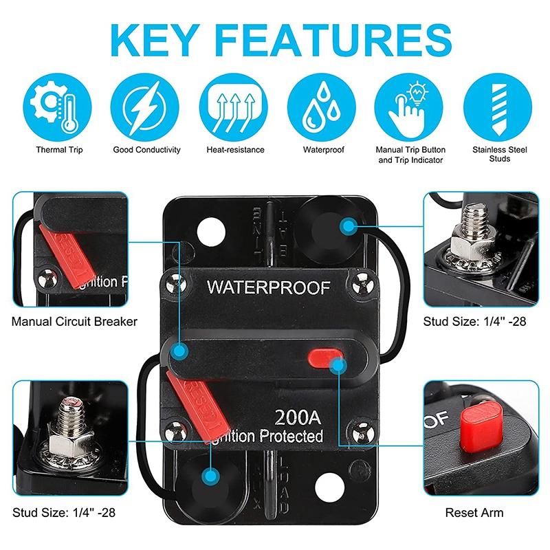 Waterproof Circuit Breaker,With Manual Reset,12V-48V DC,200A,for Car Marine Trolling Motors Boat Power Protect