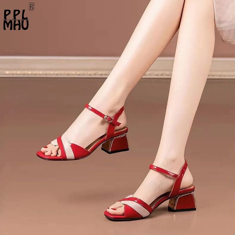 Red Hollow Comfort Wedding Shoes Office Lady Thick Bottom Non-Slip Open-Toed Women Sandals Fashion Buckle Strap Party Shoes