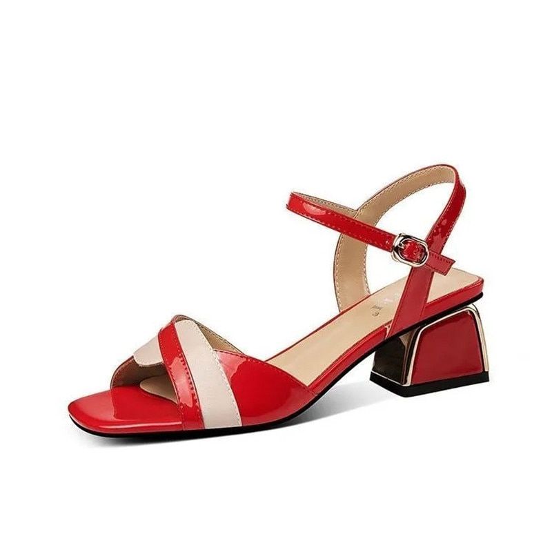 Red Hollow Comfort Wedding Shoes Office Lady Thick Bottom Non-Slip Open-Toed Women Sandals Fashion Buckle Strap Party Shoes
