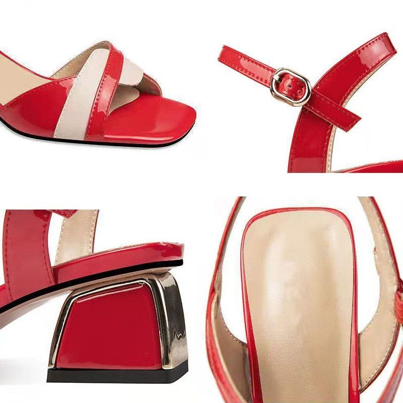 Red Hollow Comfort Wedding Shoes Office Lady Thick Bottom Non-Slip Open-Toed Women Sandals Fashion Buckle Strap Party Shoes