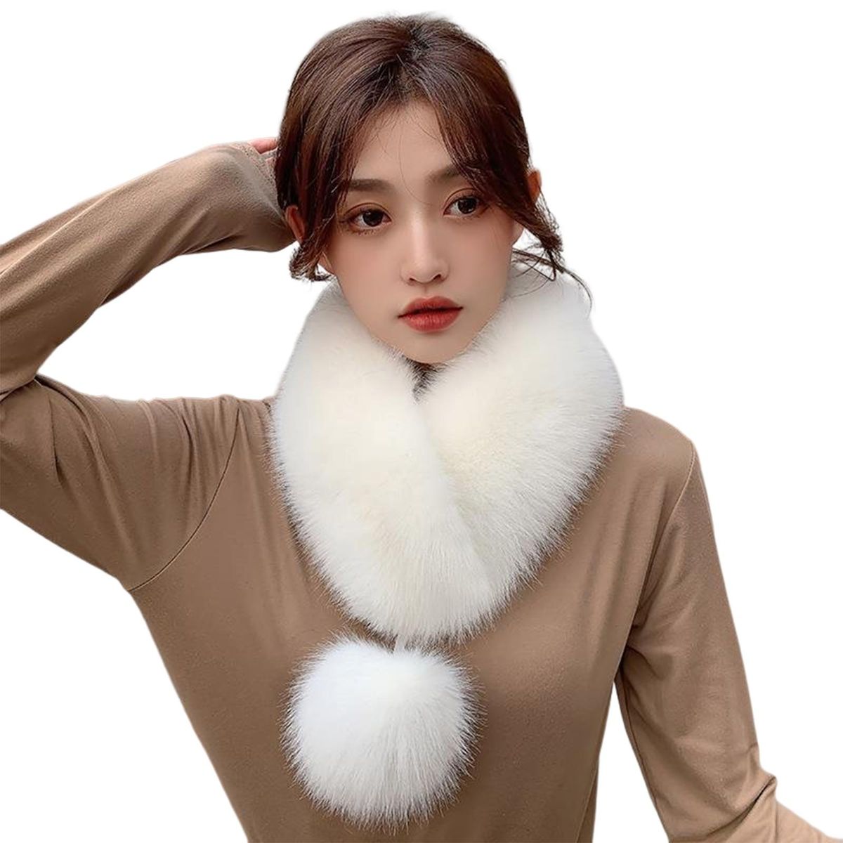 Winter Women Scarf Solid Color Fluffy Pompom Faux Fur-White