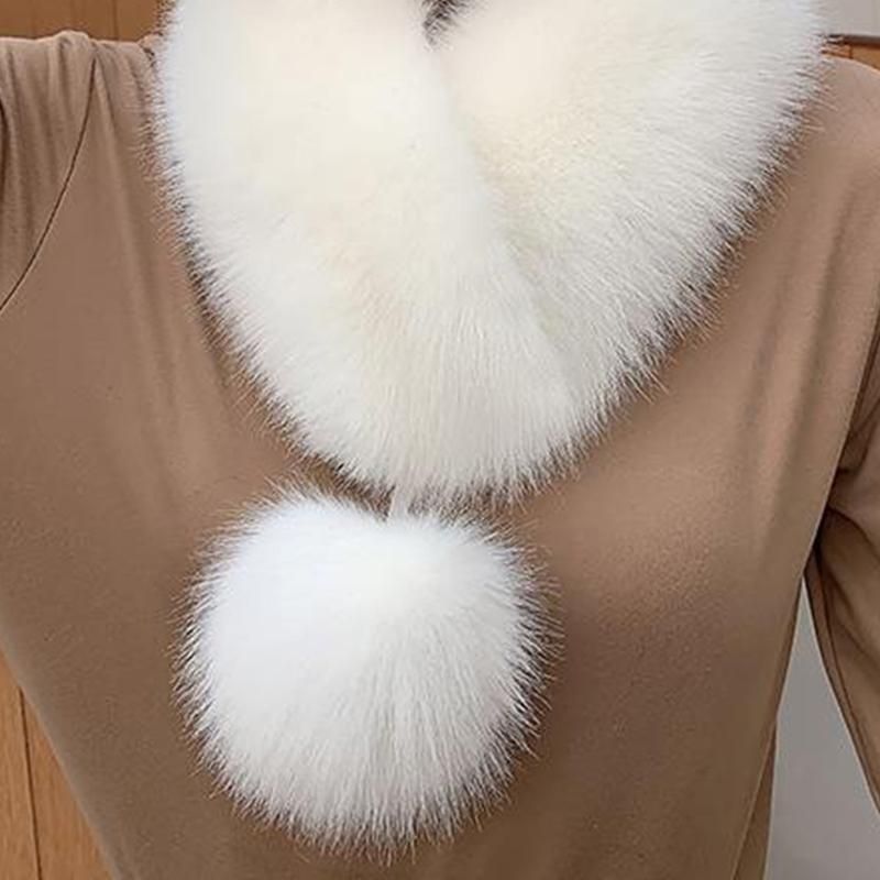 Winter Women Scarf Solid Color Fluffy Pompom Faux Fur-White