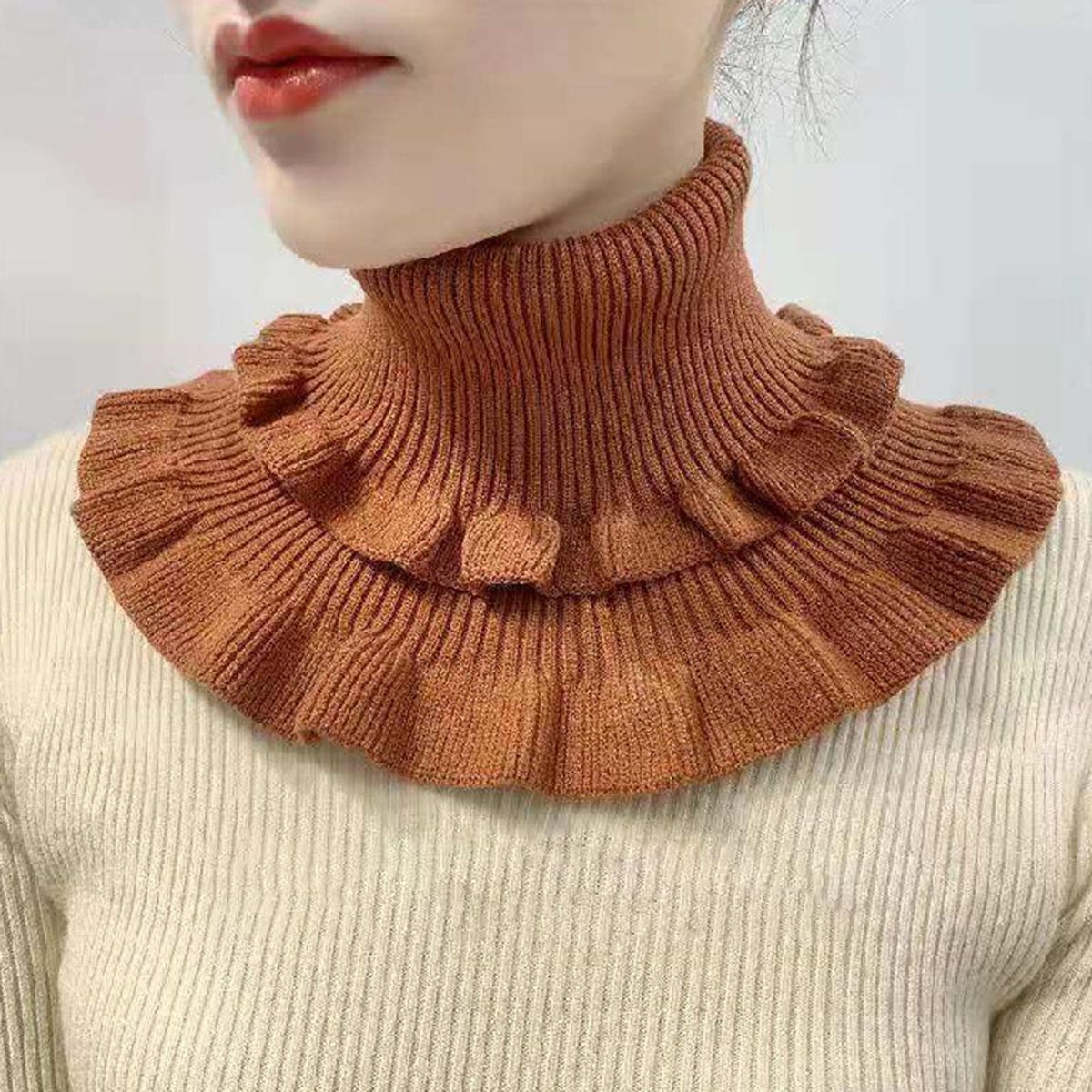 Autumn Winter Women Fake Collar Ruffles-Light Brown