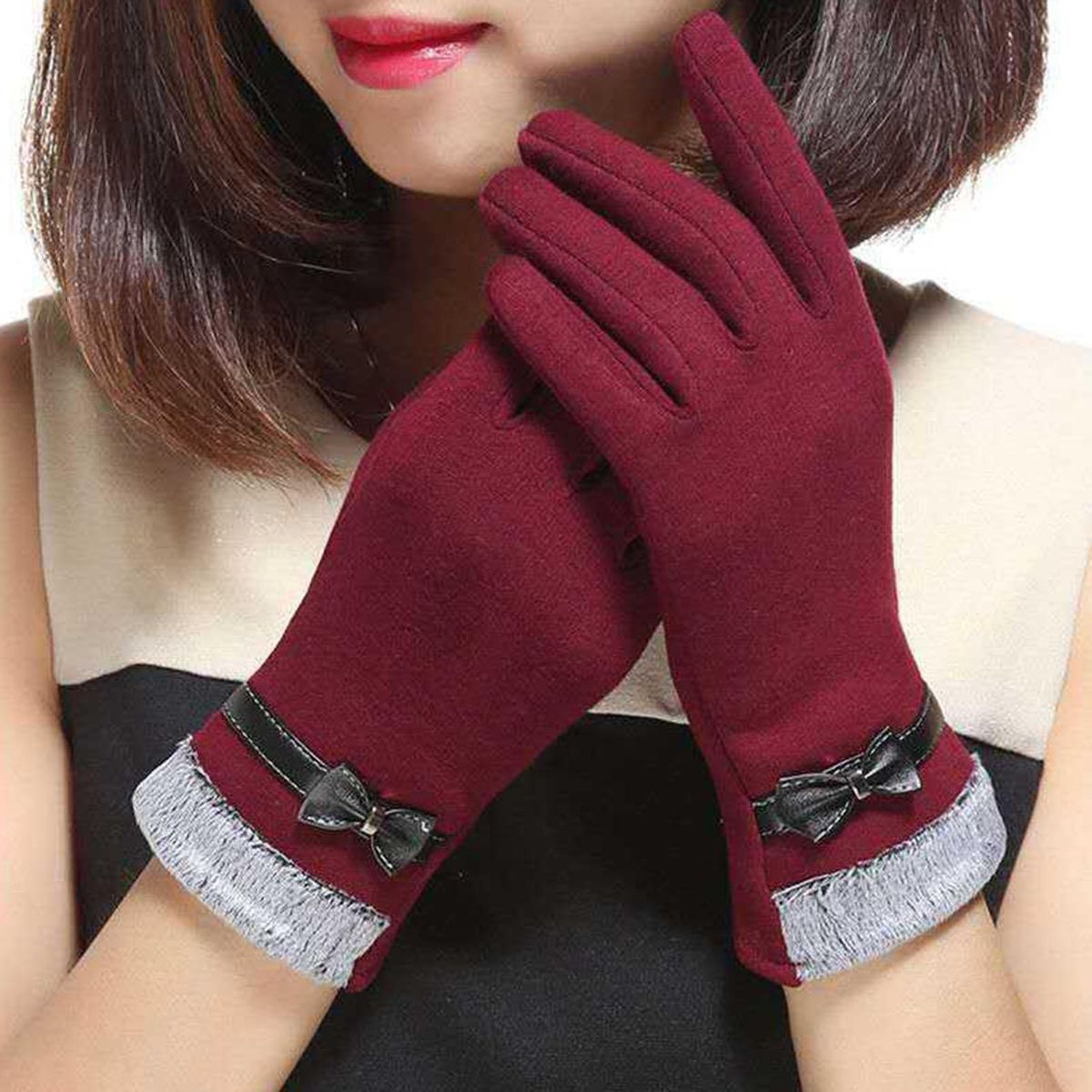 1 Pair Winter Fashion Grace Lady Wine Red