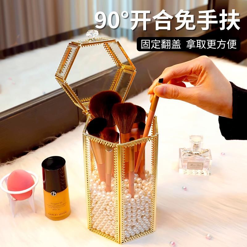 Glass Makeup Brush Storage Bucket Dustproof Large Capacity Ins Style Beauty Brush Box Eyebrow Brush Holder with Lid Eye Shadow Brush Barrel
