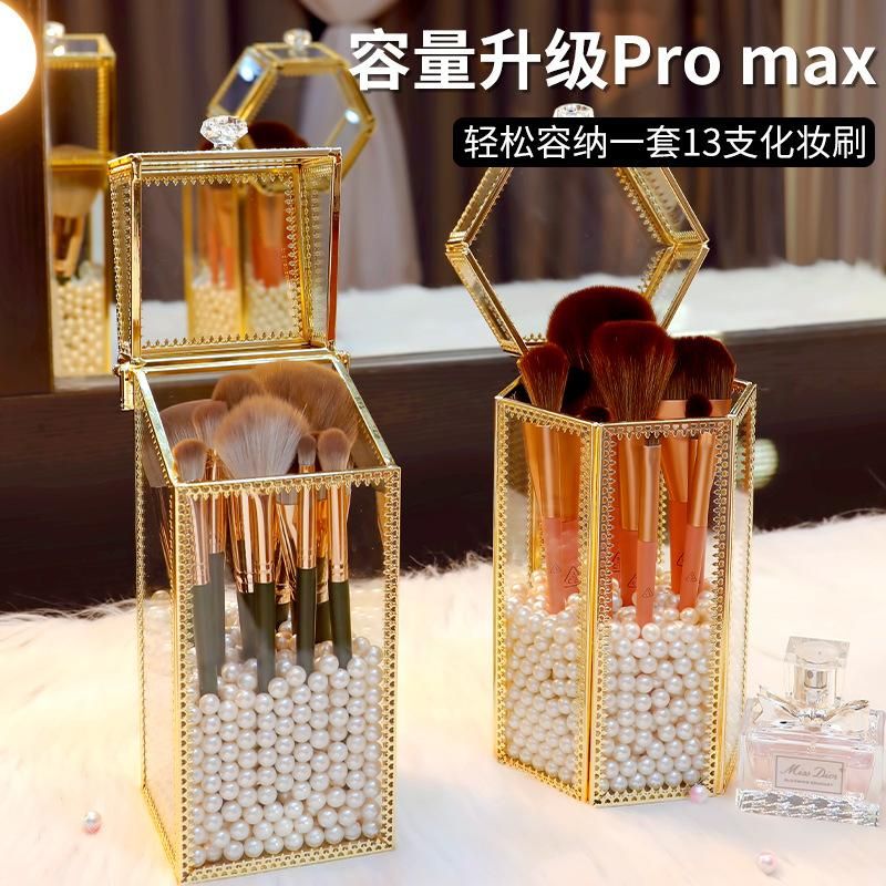 Glass Makeup Brush Storage Bucket Dustproof Large Capacity Ins Style Beauty Brush Box Eyebrow Brush Holder with Lid Eye Shadow Brush Barrel