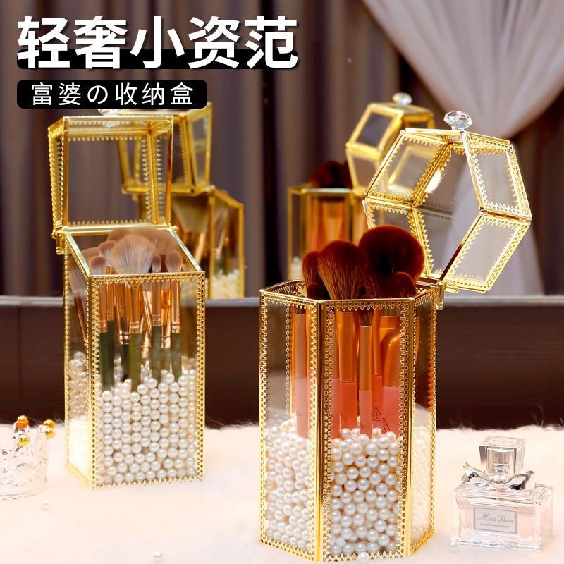 Glass Makeup Brush Storage Bucket Dustproof Large Capacity Ins Style Beauty Brush Box Eyebrow Brush Holder with Lid Eye Shadow Brush Barrel