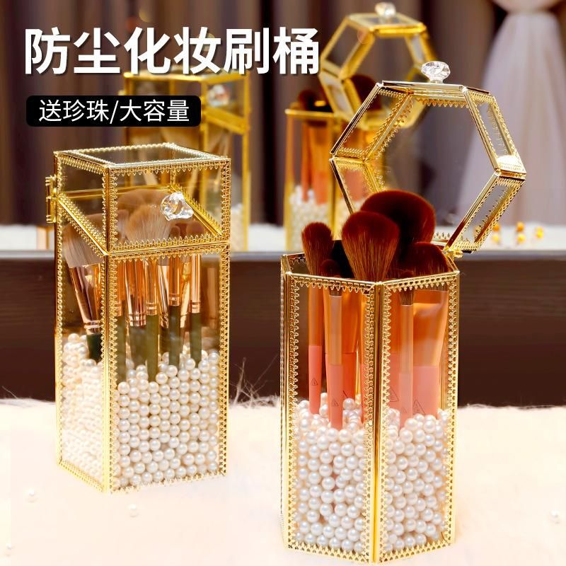 Glass Makeup Brush Storage Bucket Dustproof Large Capacity Ins Style Beauty Brush Box Eyebrow Brush Holder with Lid Eye Shadow Brush Barrel
