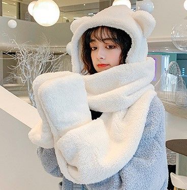 INS Bear Ear Hat Scarf Gloves Set Winter Women Novelty Caps Warm Casual Plush Hats Casual Solid Fleece Girl Kawaii Accessories- 3Pcs Suit