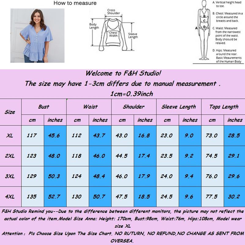 XL-4XL Women V Neck Short Sleeve Office Plus Size Blouse Work Tops Blue 2783
