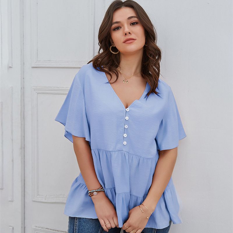 XL-4XL Women V Neck Short Sleeve Office Plus Size Blouse Work Tops Blue 2783