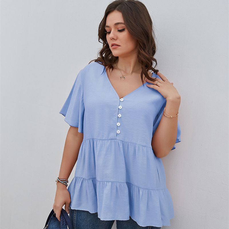 XL-4XL Women V Neck Short Sleeve Office Plus Size Blouse Work Tops Blue 2783