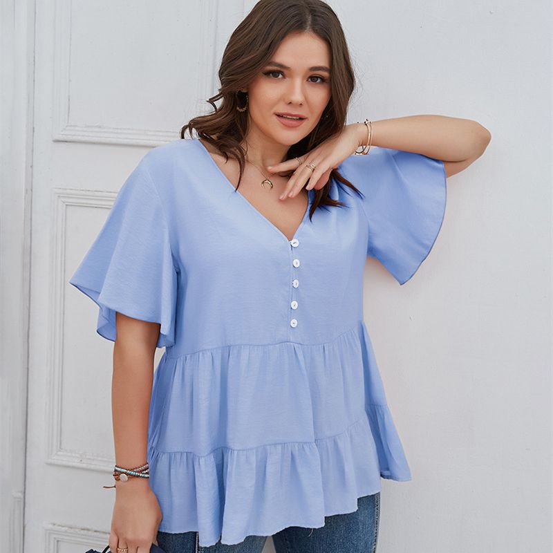XL-4XL Women V Neck Short Sleeve Office Plus Size Blouse Work Tops Blue 2783