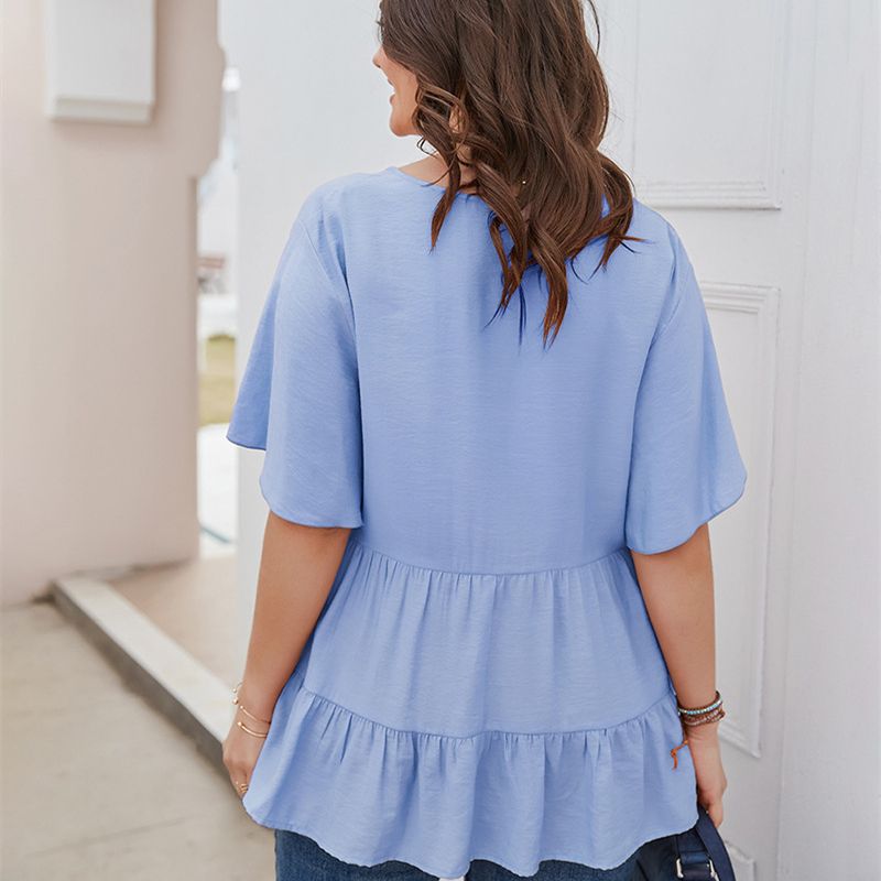 XL-4XL Women V Neck Short Sleeve Office Plus Size Blouse Work Tops Blue 2783