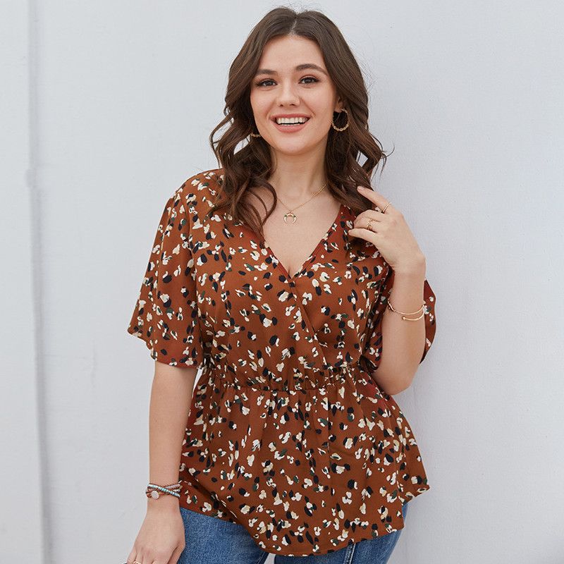 XL-4XL Women V Neck Ruffled Short Sleeve Plus Size Blouse Caramel 2660