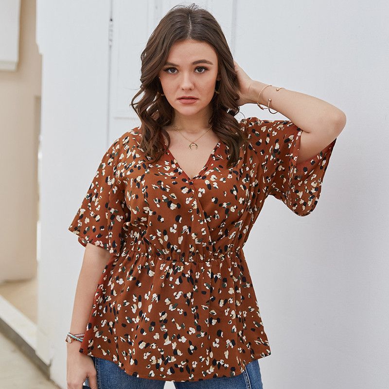 XL-4XL Women V Neck Ruffled Short Sleeve Plus Size Blouse Caramel 2660