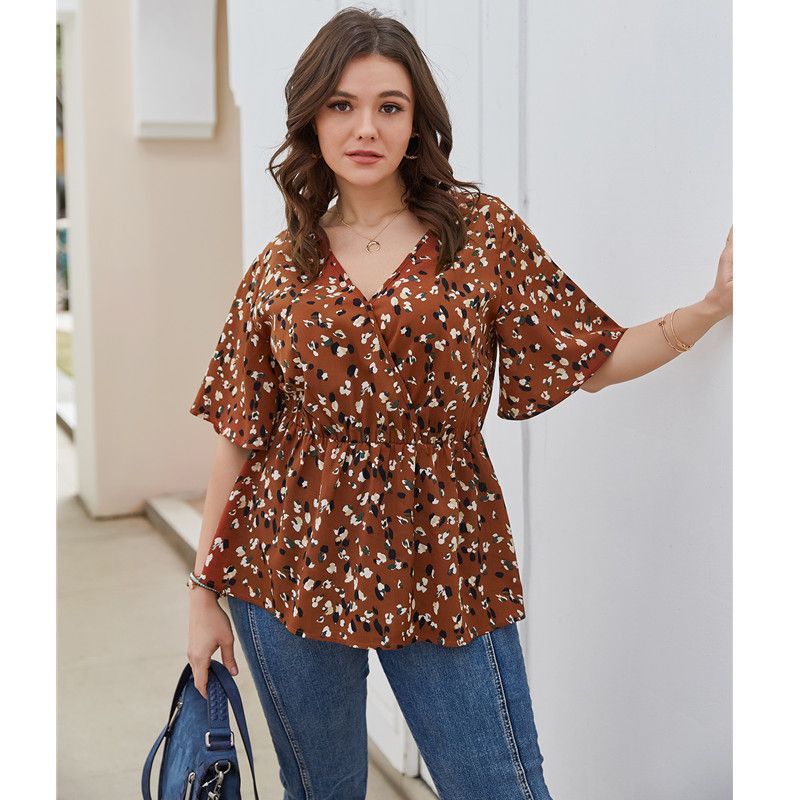 XL-4XL Women V Neck Ruffled Short Sleeve Plus Size Blouse Caramel 2660