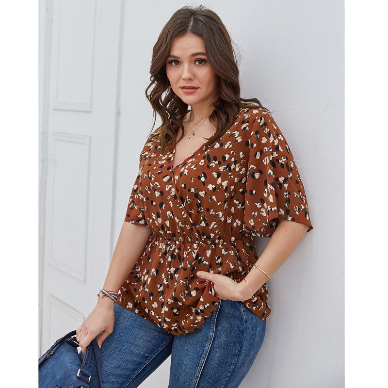 XL-4XL Women V Neck Ruffled Short Sleeve Plus Size Blouse Caramel 2660