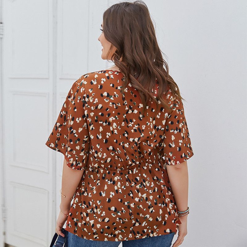 XL-4XL Women V Neck Ruffled Short Sleeve Plus Size Blouse Caramel 2660